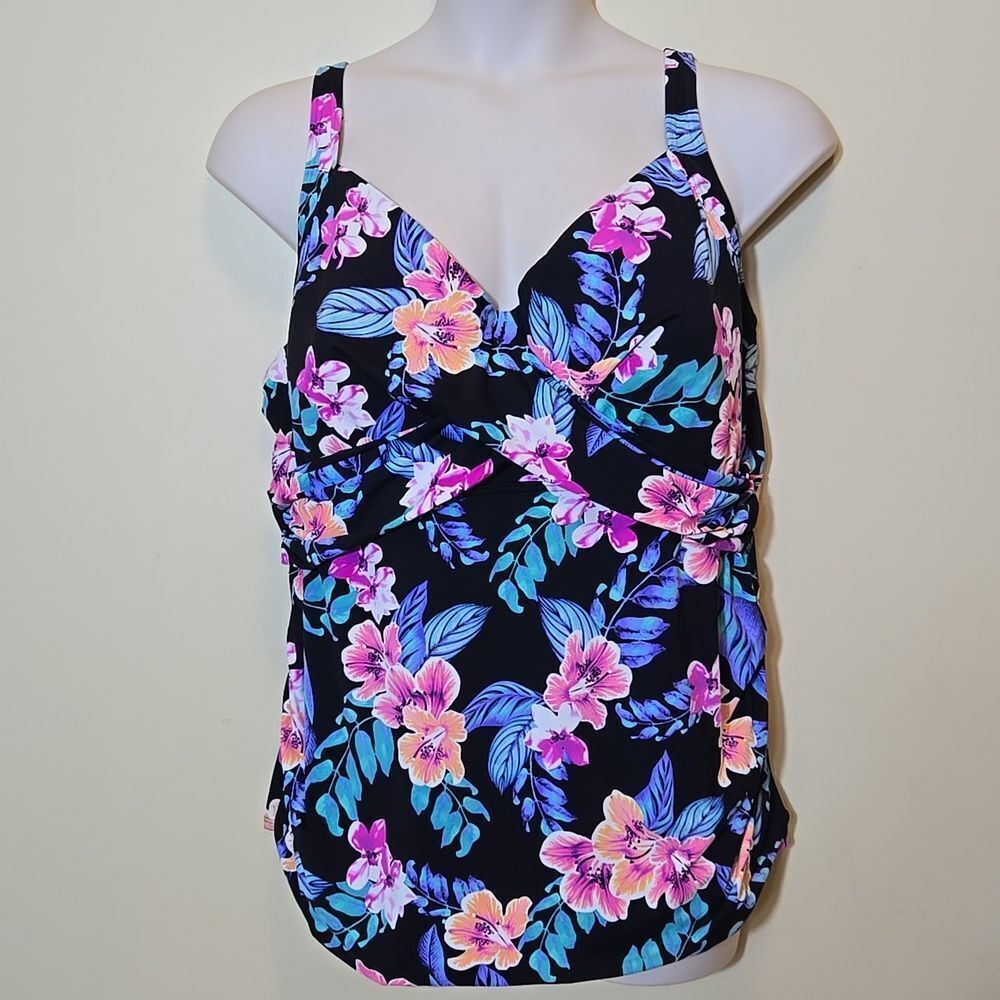 Lands End Women's Tankini Swim Top Size 24W Floral Twist‎ Front Underwire